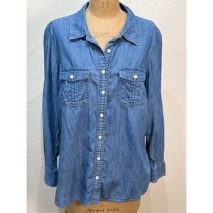 Talbots Women's Blue Denim Chambray Button Up Long Sleeve Shirt Size L